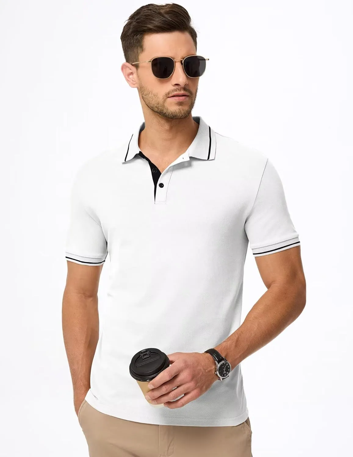 Men's Polo Shirts Classic Fit Button Up Short Sleeve Basic Cotton Tees Golf Work Tops