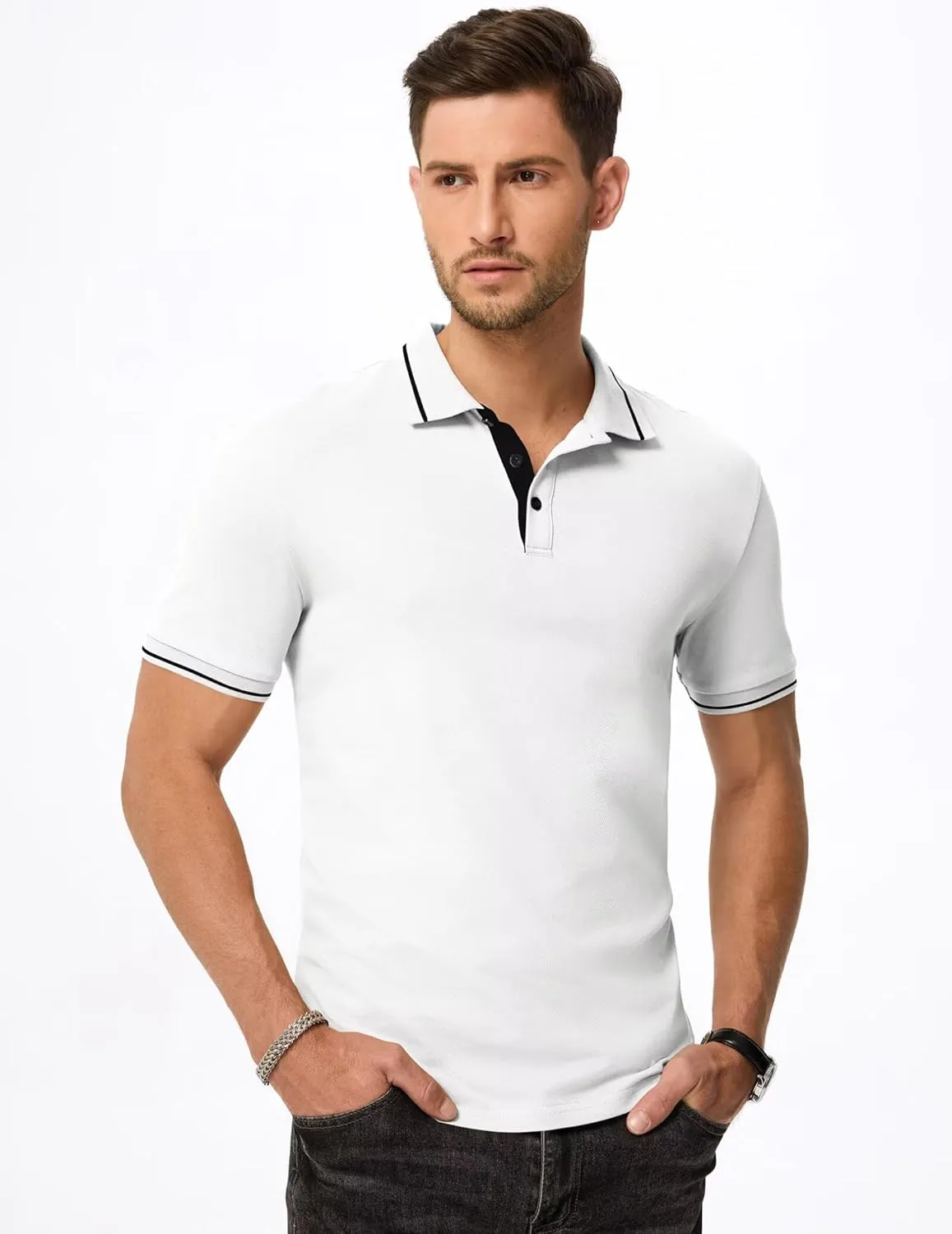 Men's Polo Shirts Classic Fit Button Up Short Sleeve Basic Cotton Tees Golf Work Tops