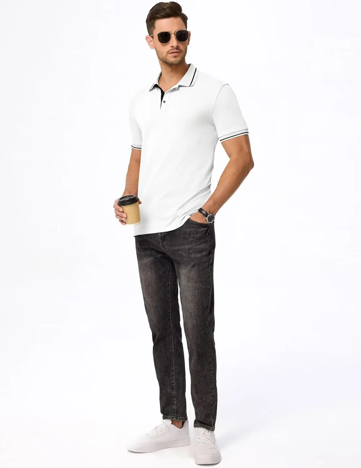 Men's Polo Shirts Classic Fit Button Up Short Sleeve Basic Cotton Tees Golf Work Tops