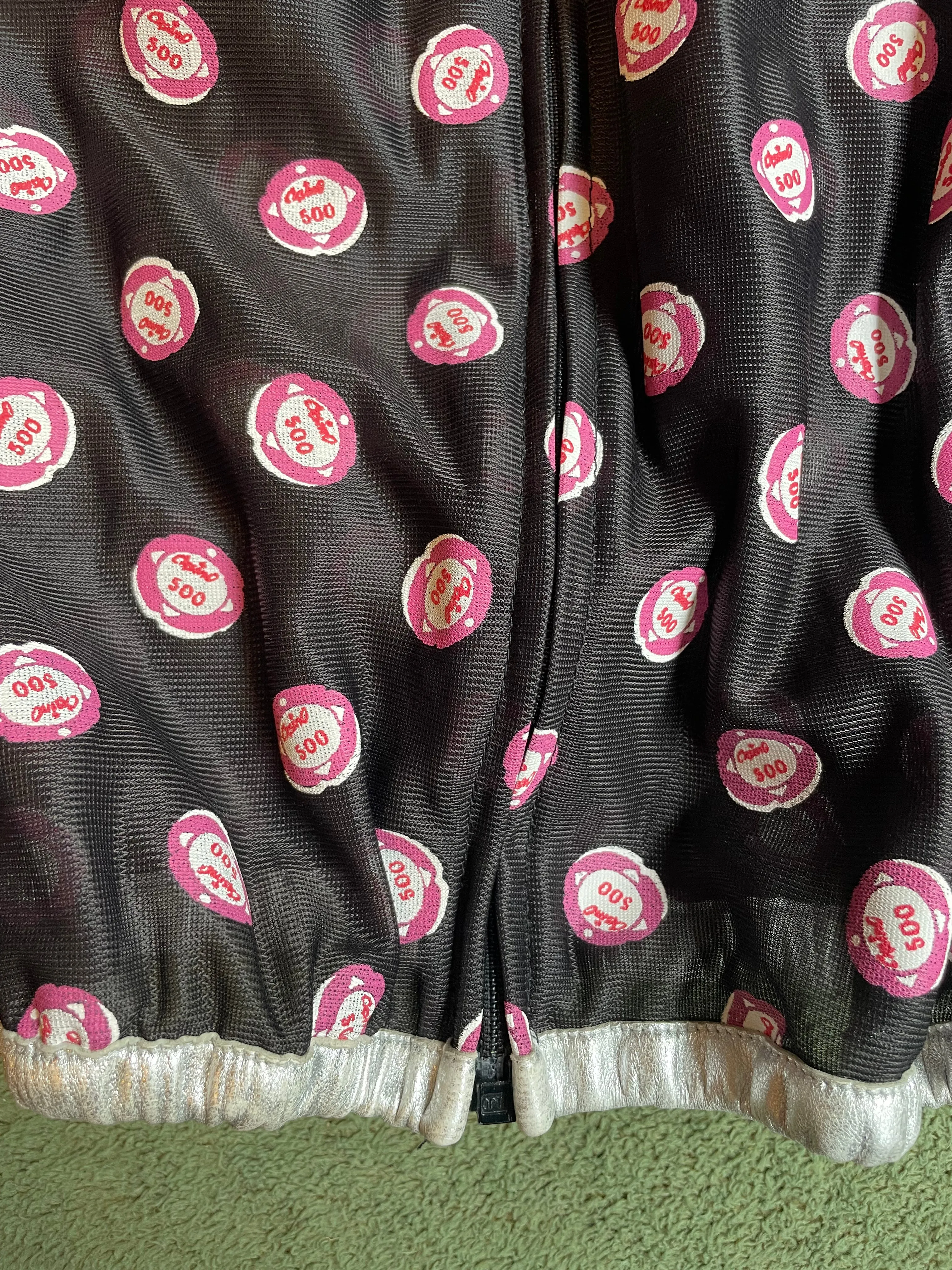 Miu Miu SS2000 mesh jacket with casino coin print and silver leather collar and trims