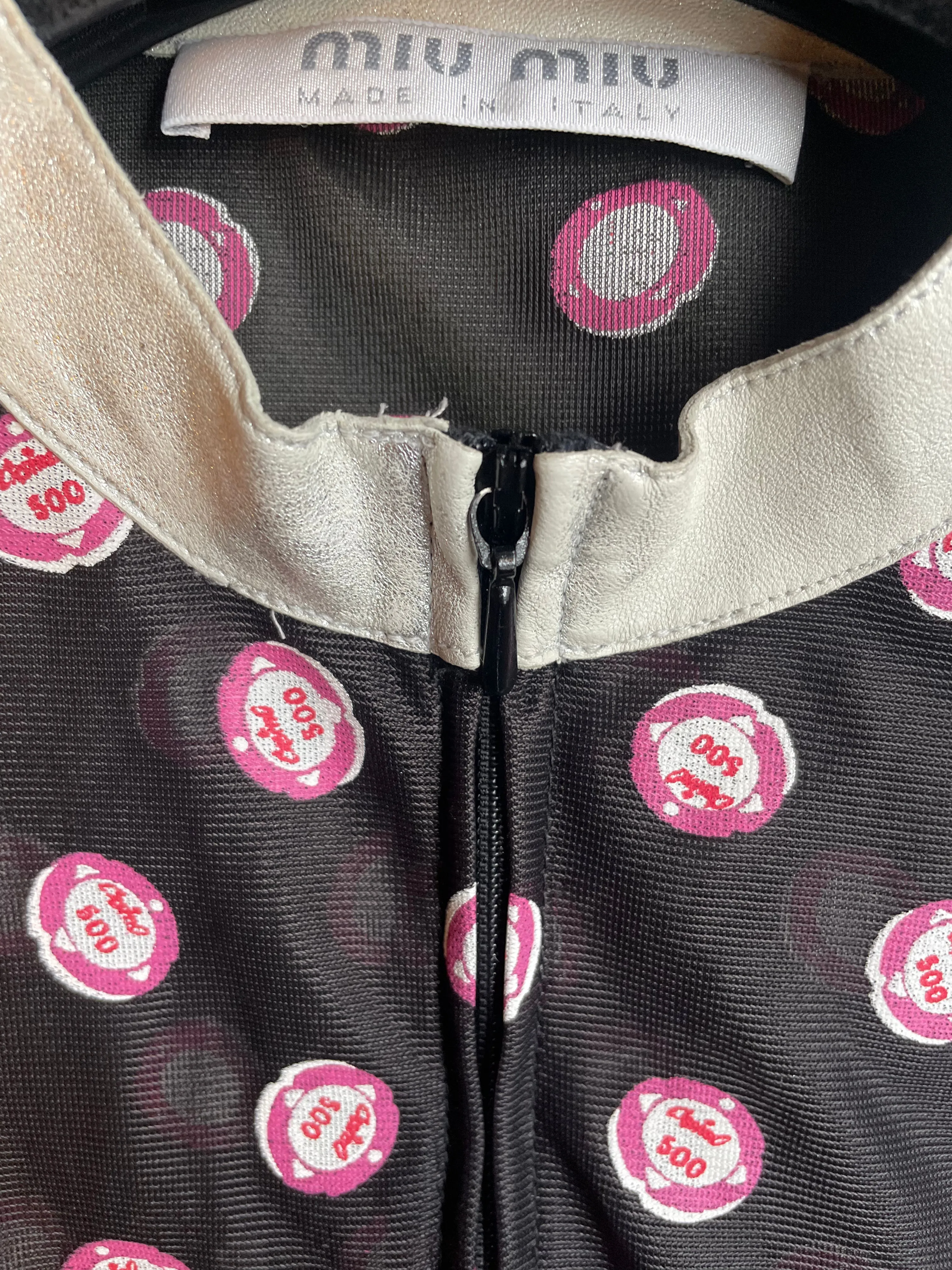Miu Miu SS2000 mesh jacket with casino coin print and silver leather collar and trims
