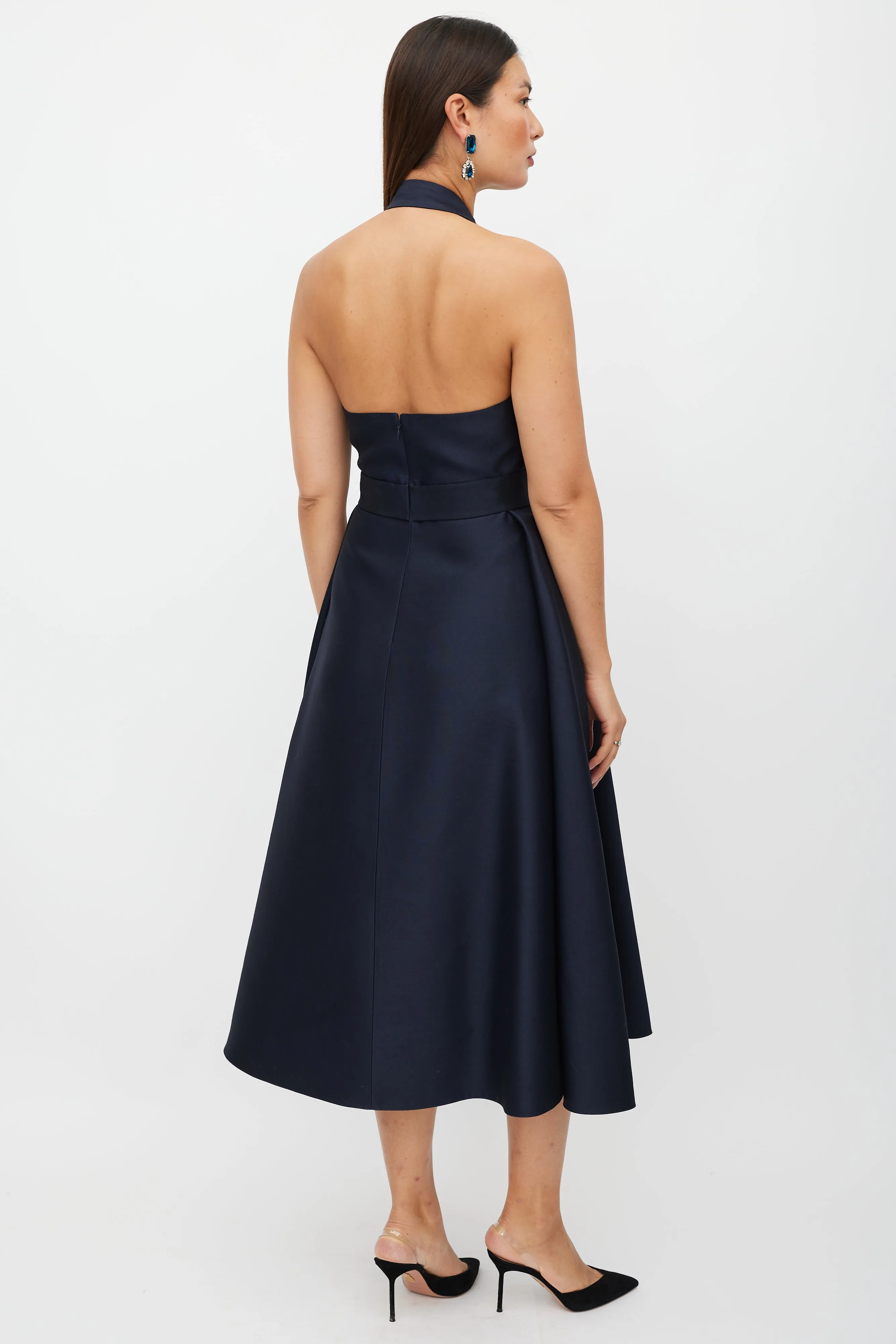 Navy Wool Pleated Halter Dress