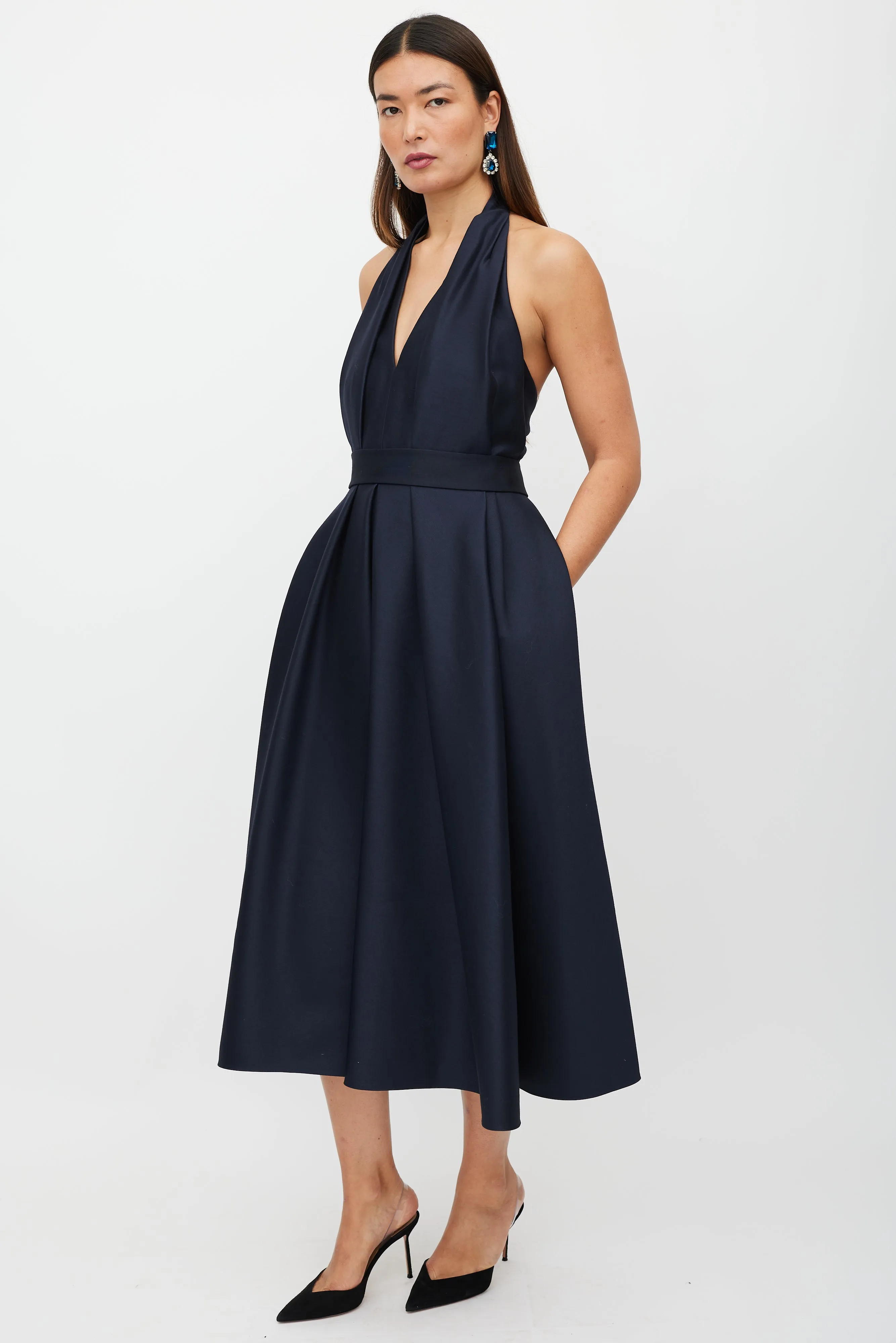 Navy Wool Pleated Halter Dress