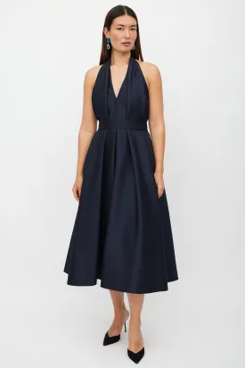 Navy Wool Pleated Halter Dress