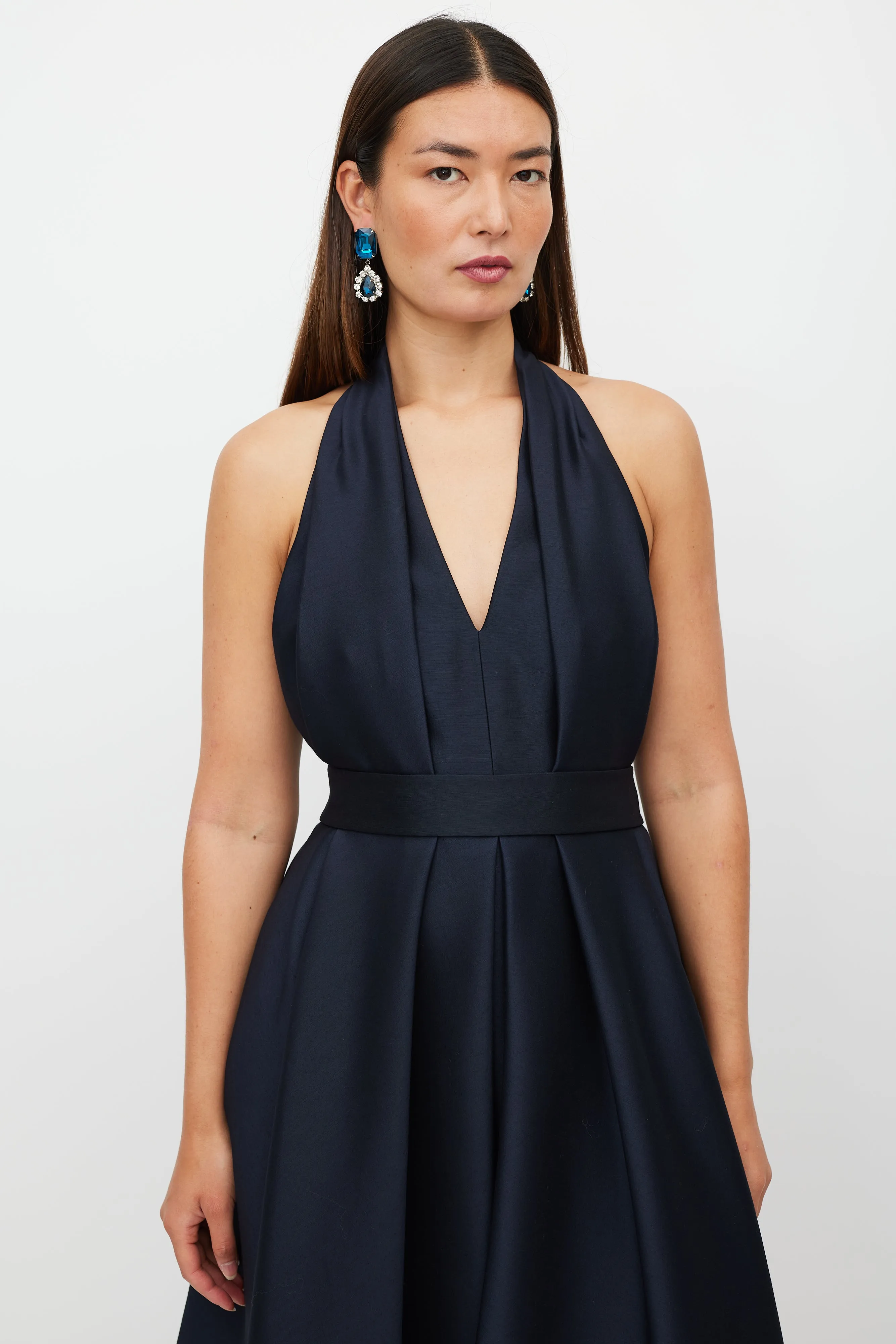 Navy Wool Pleated Halter Dress