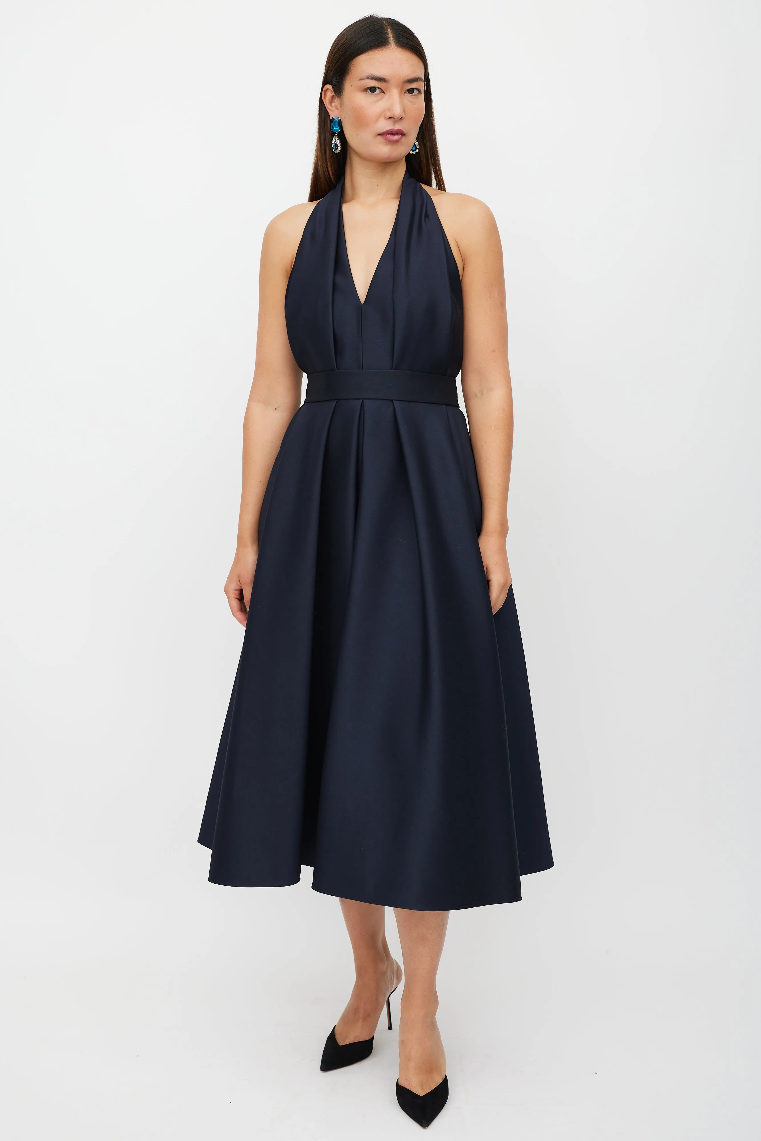 Navy Wool Pleated Halter Dress