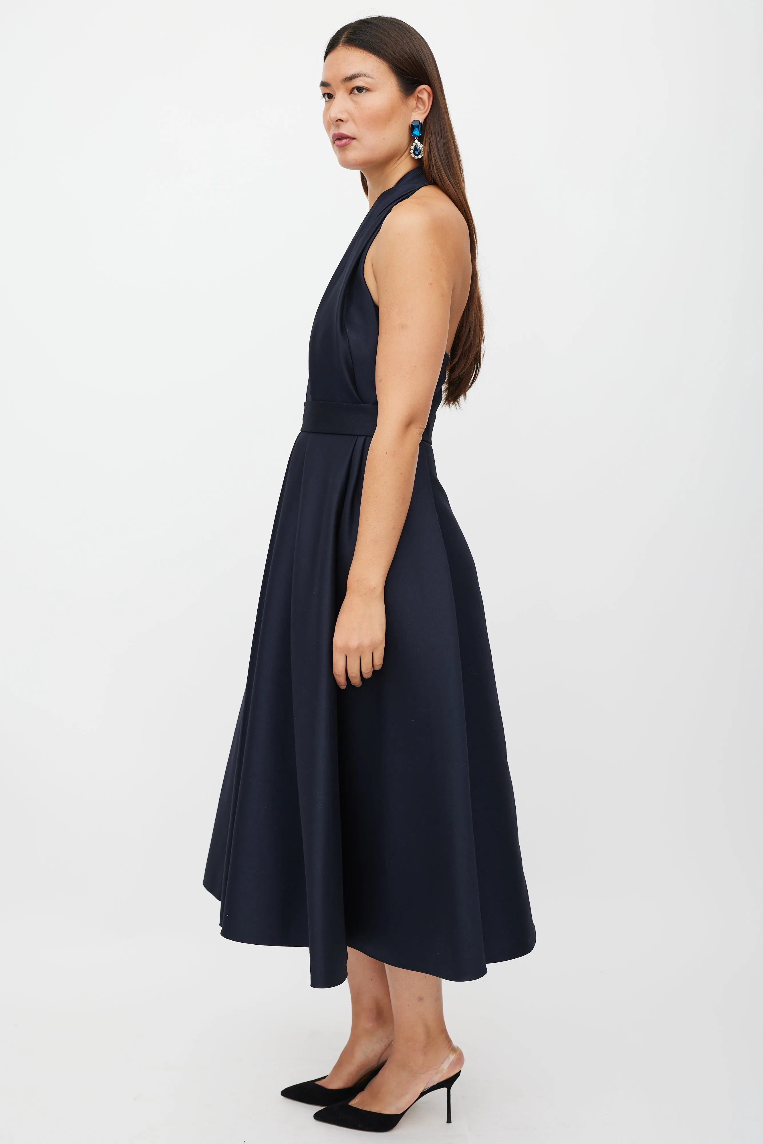 Navy Wool Pleated Halter Dress