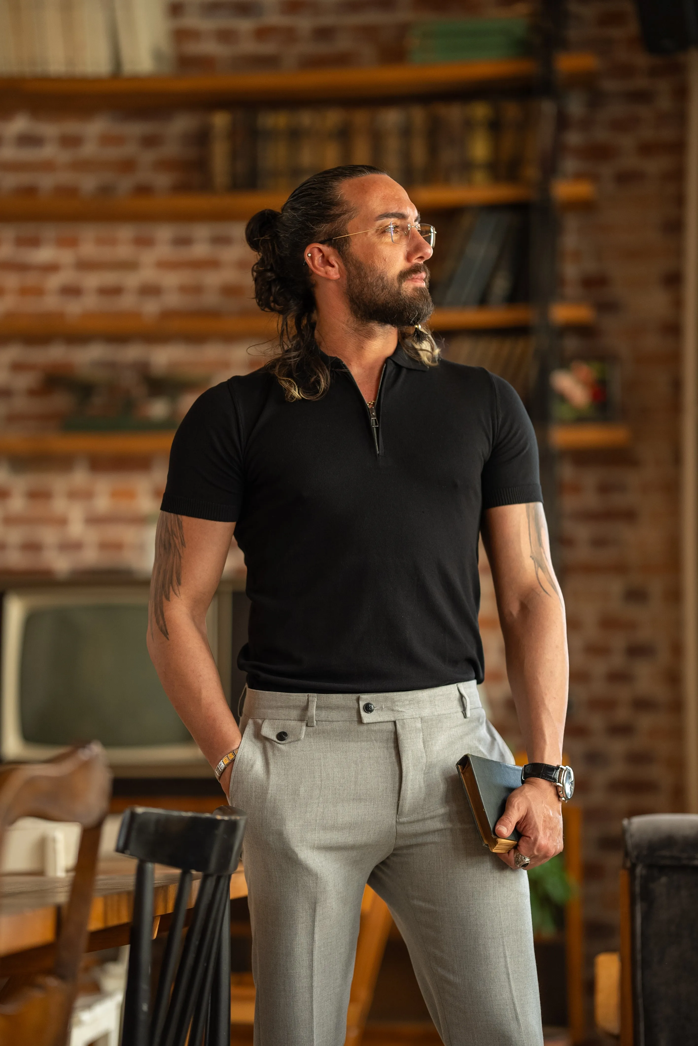 Oliver Slim Fit Black Zippered Polo Tees