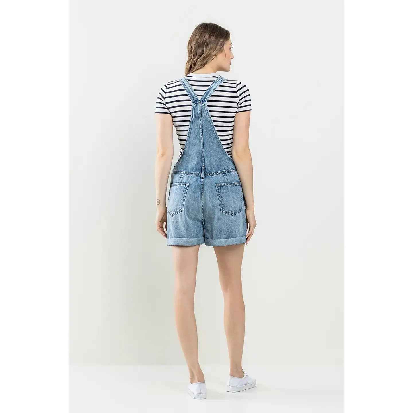 Orange Washed Cotton Denim Casual Romper Overalls