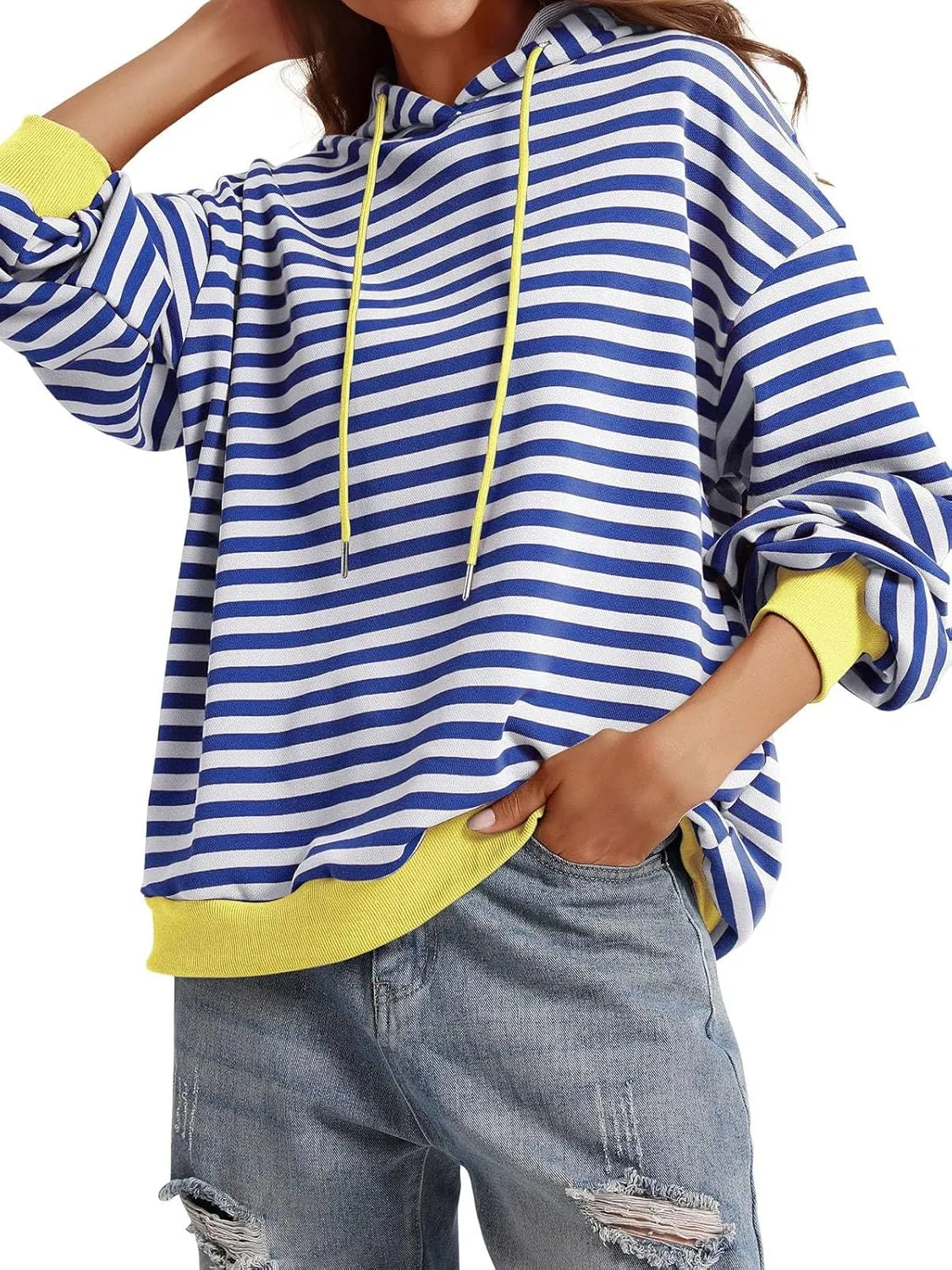 PINKMSTYLE Womens Oversized Hoodies Pullover Striped Sweatshirts Fall Long Sleeve Tops Trendy Outfits