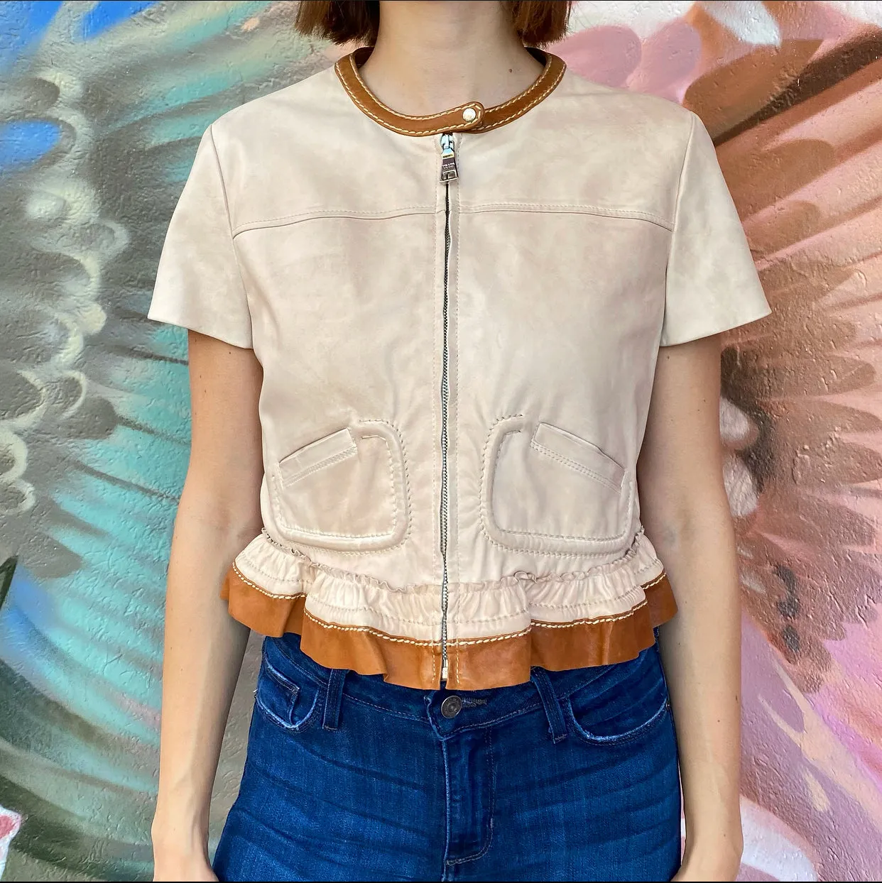 Prada Beige and Brown Short Leather Crop Jacket - IT42 / USA 6