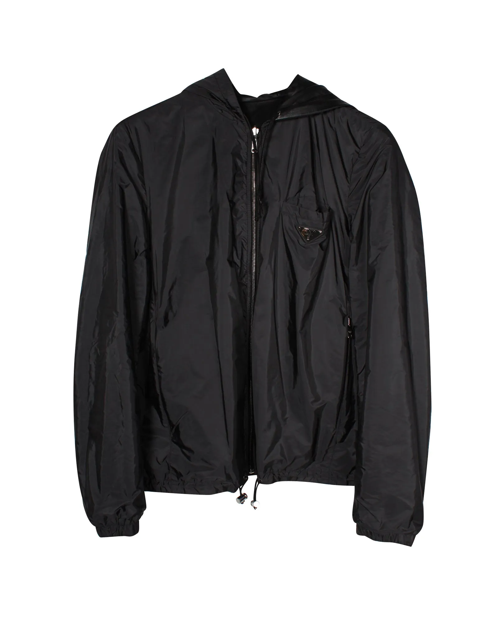 Prada Reversible Zip Front Hooded Jacket in Black Lambskin Leather