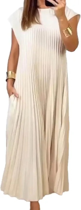 SEMATOMALA Women's Pleated Short Sleeve Maxi Dress Crewneck Loose Fit Flowy Swing Long Dress with Pockets