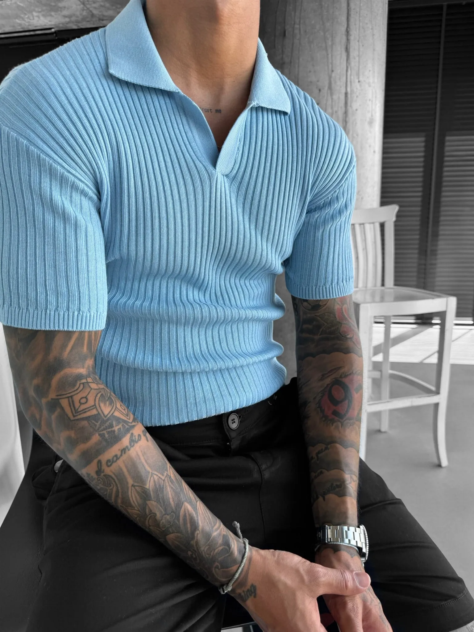 Slim Fit Knit Polo T-Shirt - Babyblue