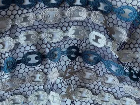 Teal Blue & Silver Chain Link Lace Fabric (Made in Italy)