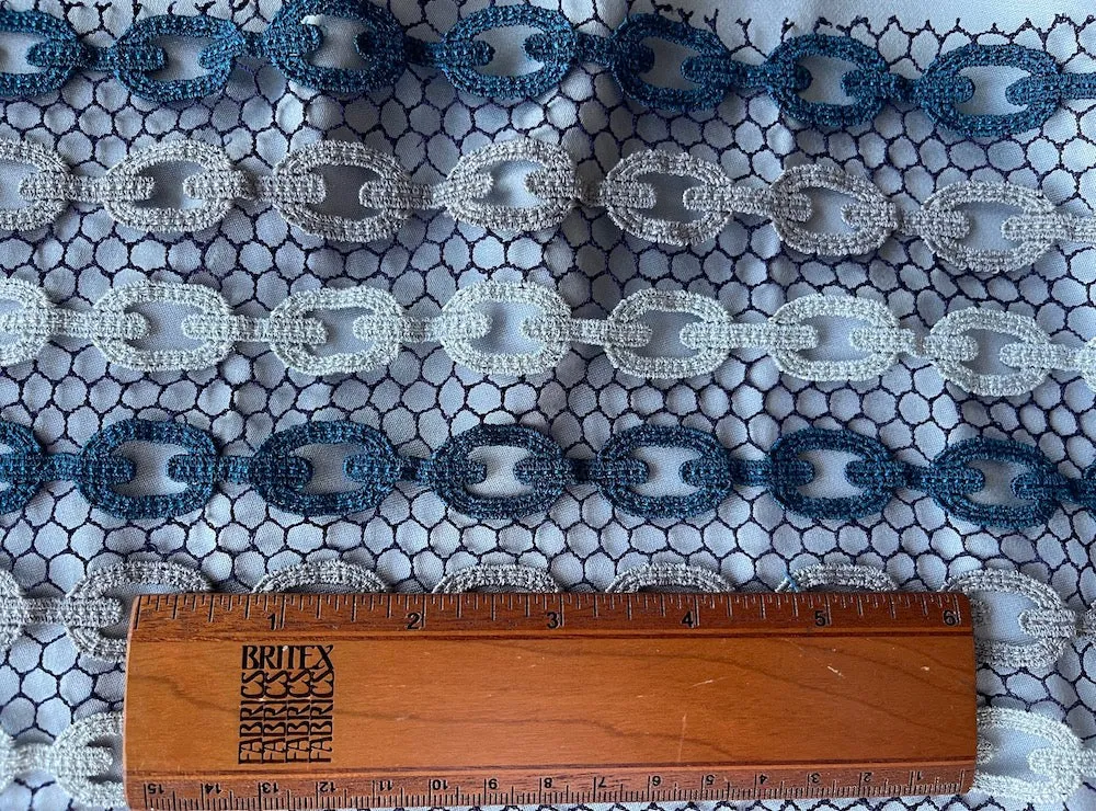 Teal Blue & Silver Chain Link Lace Fabric (Made in Italy)
