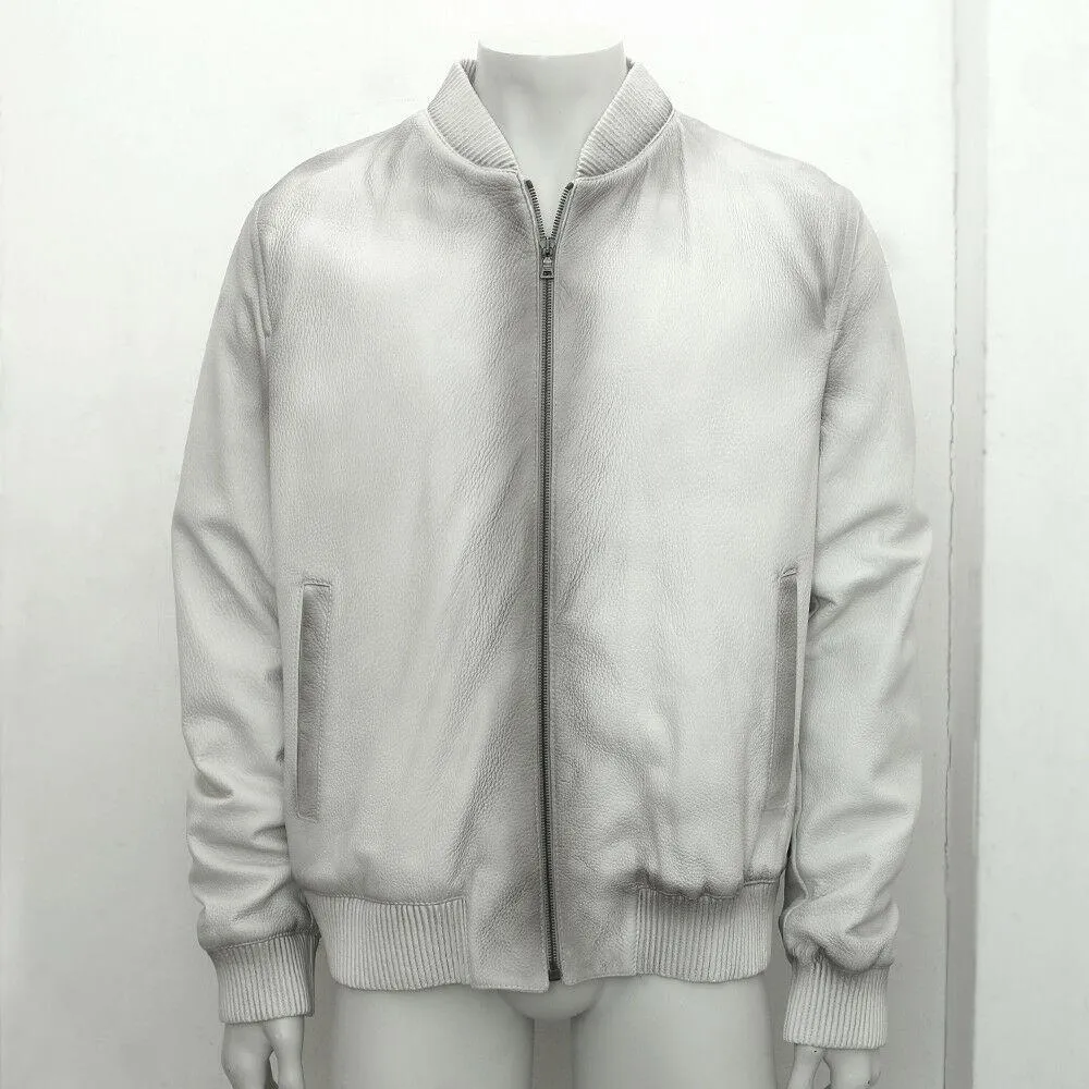 White Pebbled Deer Skin Leather Jacket With Gradient