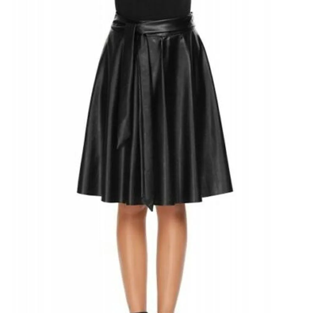 Women's High Waist Leather Skirt Flared Pleated With Belt