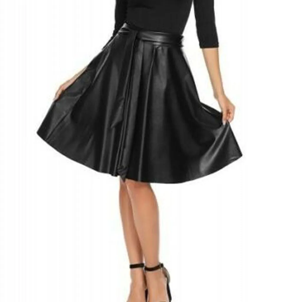 Women's High Waist Leather Skirt Flared Pleated With Belt