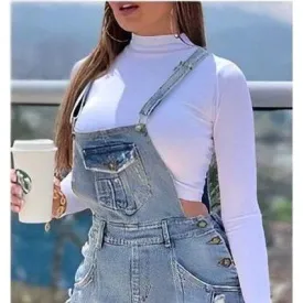 Women's Summer Denim Overalls With Rolled-Up Hem