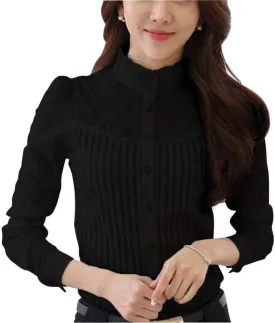 Womens Vintage Victorian Pleated Button Down Shirt Long Sleeve Stretch Blouse