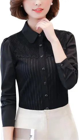 Womens Vintage Victorian Pleated Button Down Shirt Long Sleeve Stretch Blouse