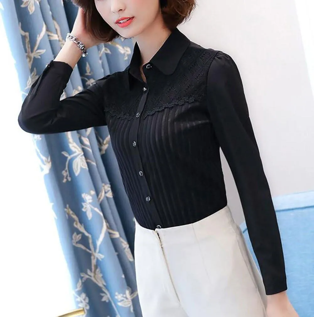 Womens Vintage Victorian Pleated Button Down Shirt Long Sleeve Stretch Blouse