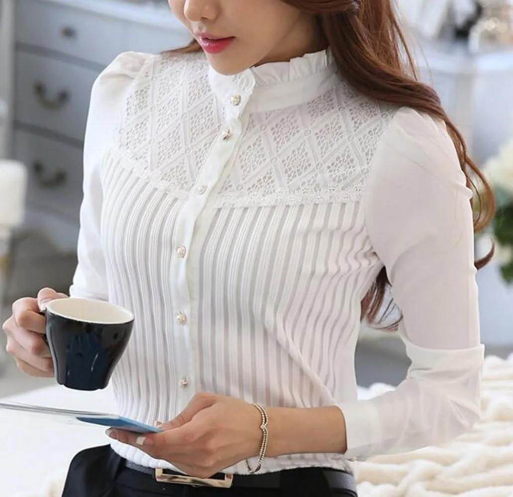 Womens Vintage Victorian Pleated Button Down Shirt Long Sleeve Stretch Blouse