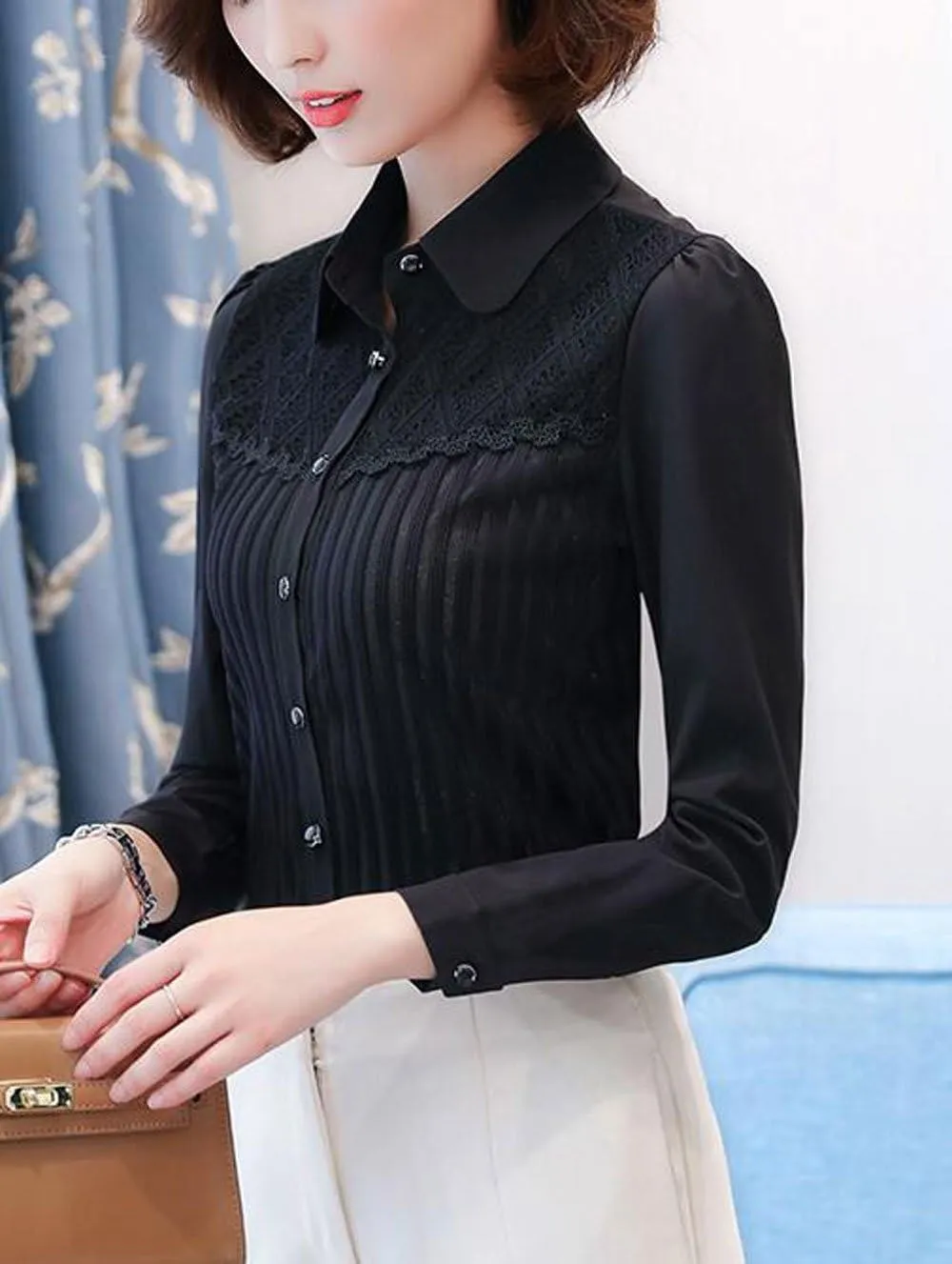 Womens Vintage Victorian Pleated Button Down Shirt Long Sleeve Stretch Blouse