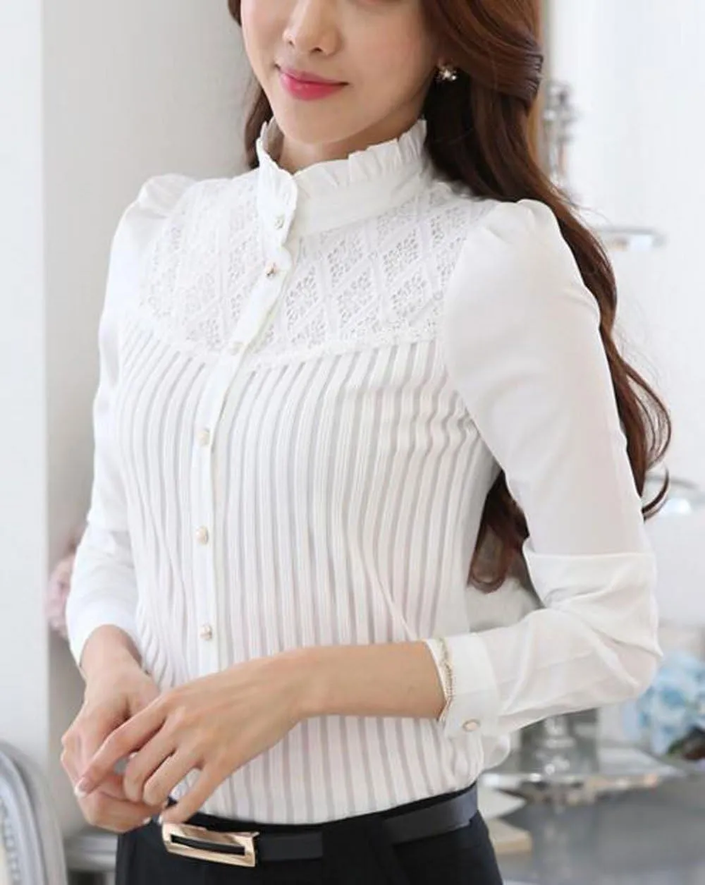Womens Vintage Victorian Pleated Button Down Shirt Long Sleeve Stretch Blouse