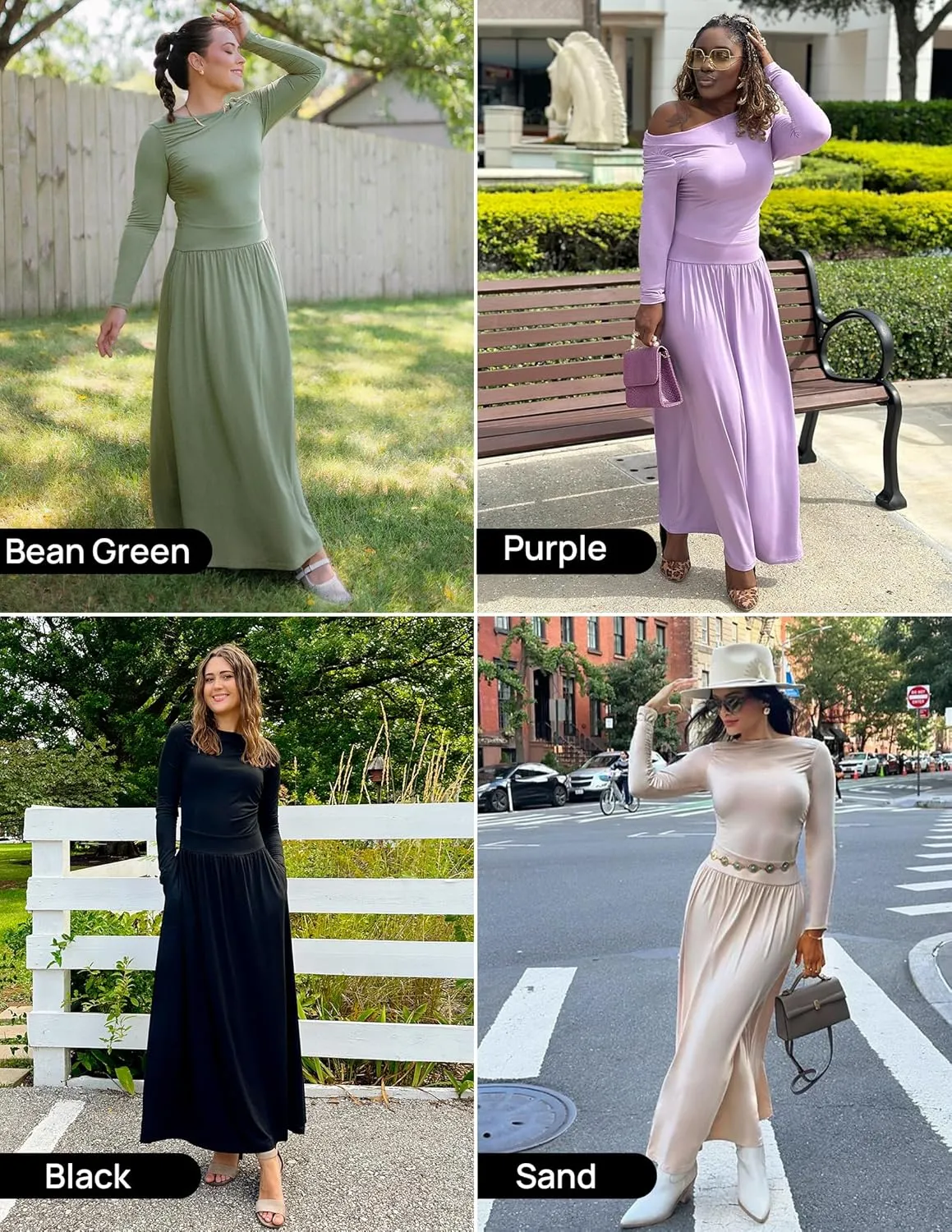 ZESICA Women's Long Sleeve Spring Maxi Dress 2025 Crewneck Knit Casual Slim Swing Pleated Dresses with Pockets