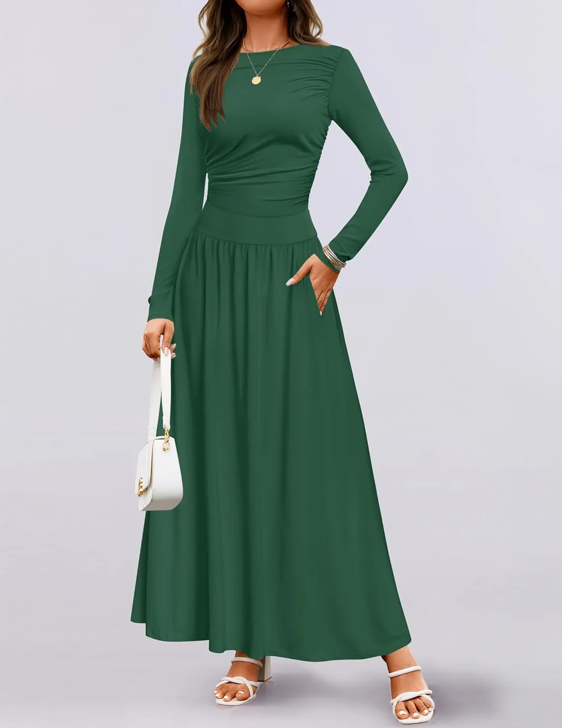 ZESICA Women's Long Sleeve Spring Maxi Dress 2025 Crewneck Knit Casual Slim Swing Pleated Dresses with Pockets