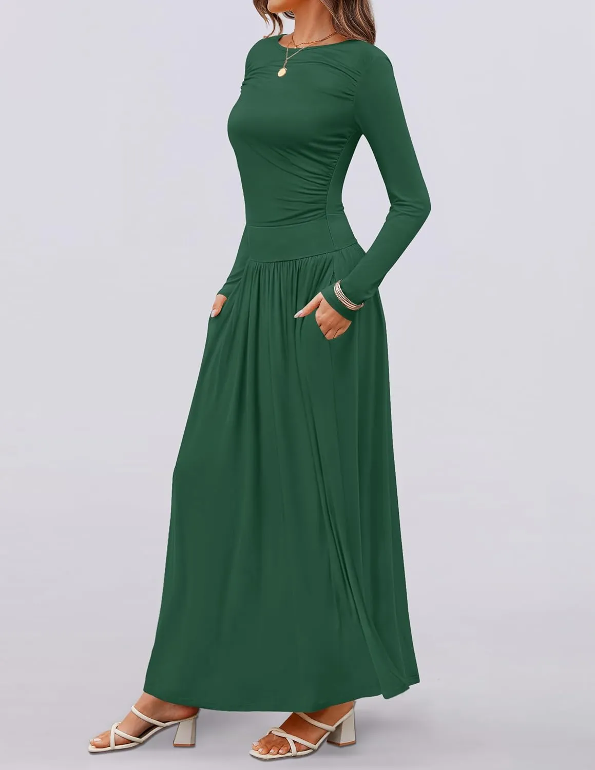 ZESICA Women's Long Sleeve Spring Maxi Dress 2025 Crewneck Knit Casual Slim Swing Pleated Dresses with Pockets