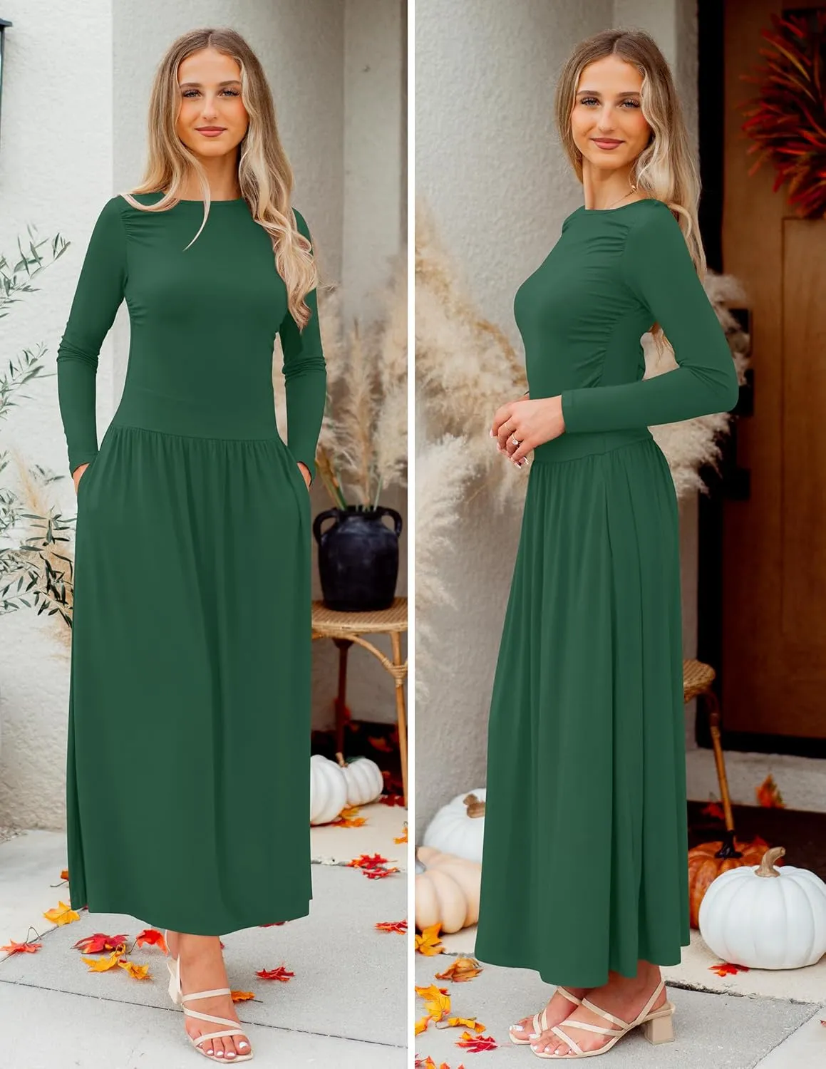 ZESICA Women's Long Sleeve Spring Maxi Dress 2025 Crewneck Knit Casual Slim Swing Pleated Dresses with Pockets