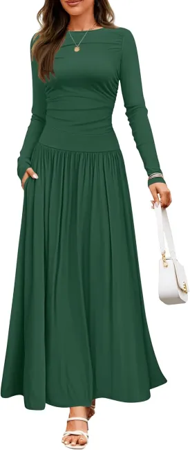 ZESICA Women's Long Sleeve Spring Maxi Dress 2025 Crewneck Knit Casual Slim Swing Pleated Dresses with Pockets