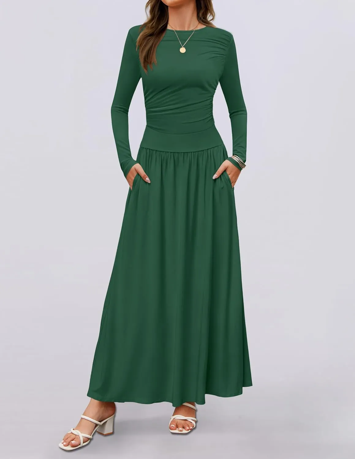 ZESICA Women's Long Sleeve Spring Maxi Dress 2025 Crewneck Knit Casual Slim Swing Pleated Dresses with Pockets