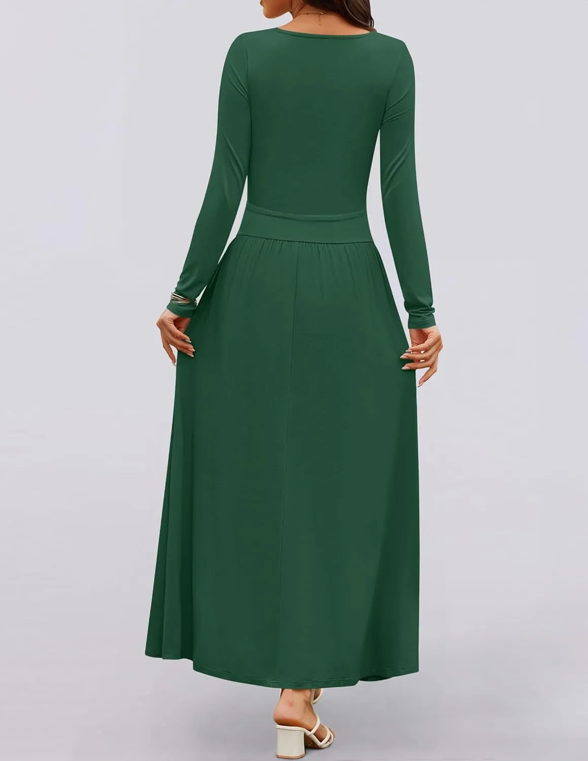 ZESICA Women's Long Sleeve Spring Maxi Dress 2025 Crewneck Knit Casual Slim Swing Pleated Dresses with Pockets